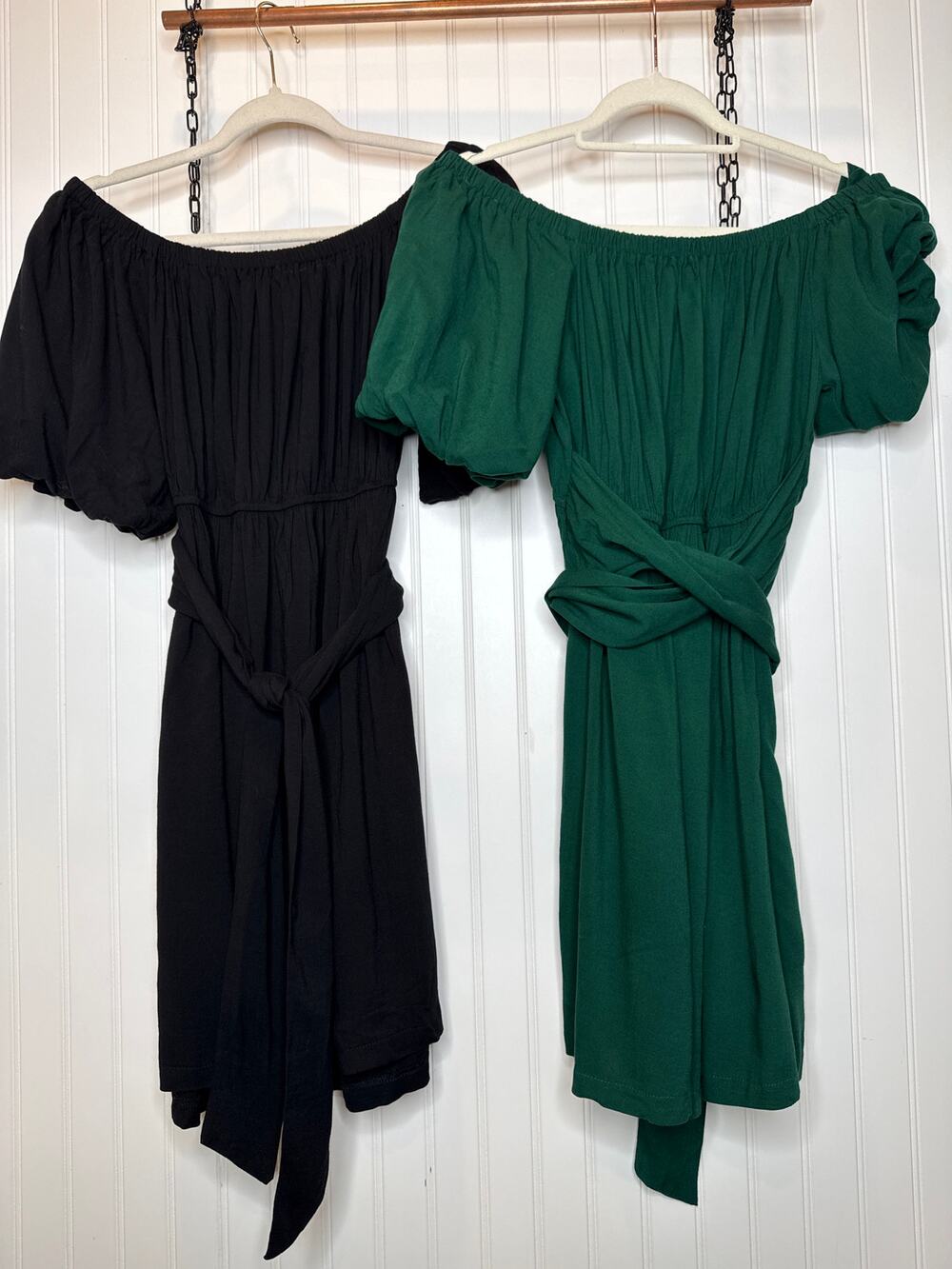 NEW Amazon LOT OF 2 Dresses - Green & Black Smocked Off Shoulder Mini Bundle L